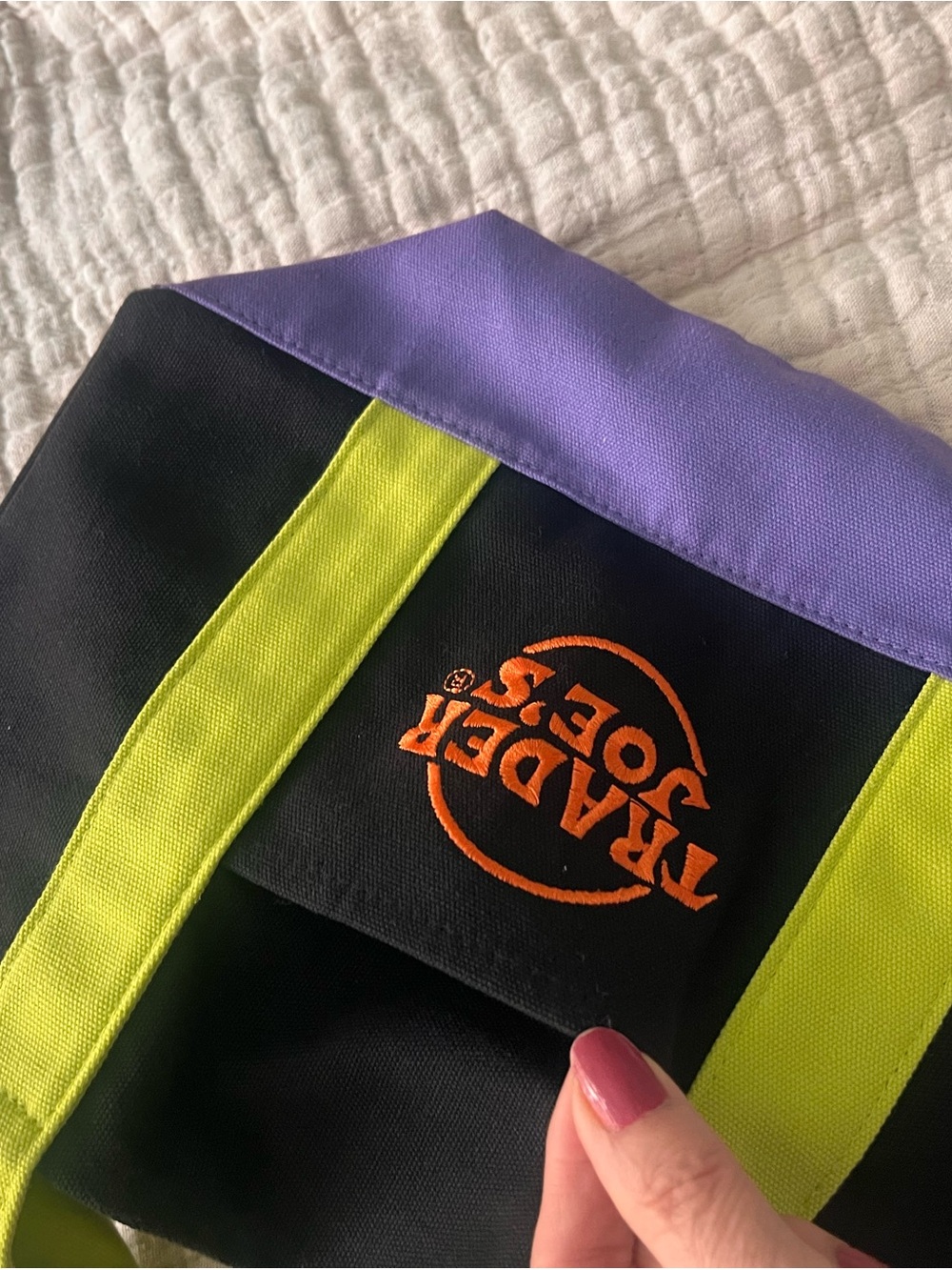 Trader Joe's Black Canvas Tote with Lime Handles and Purple Base - Picture 3 of 6